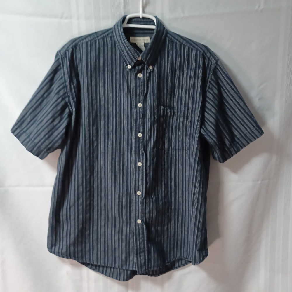 Preswick & Moore Shirt Men M Blue Striped Short Sleeve Button Down Cotton Pocket